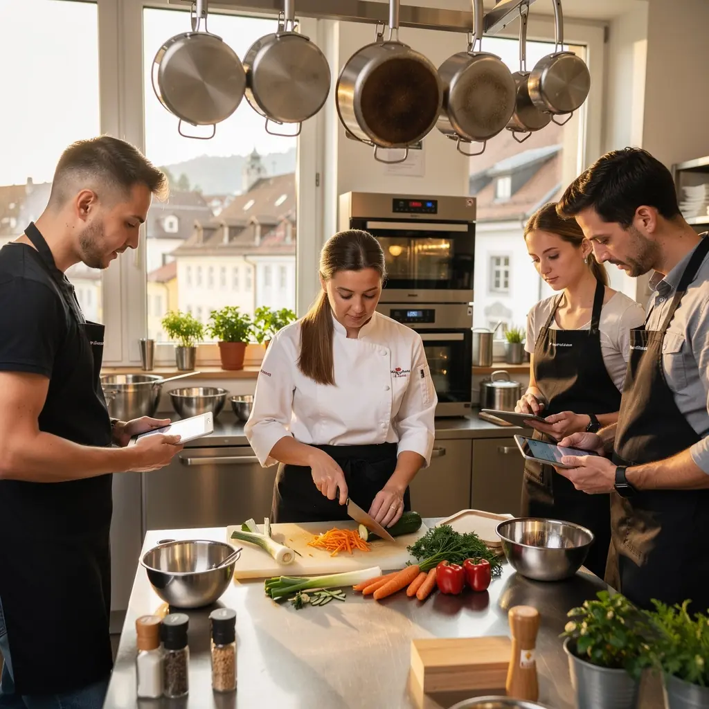 Eine Gruppe von Schülern, die in einer modernen Küche gemeinsam an einem Kochkurs teilnehmen und verschiedene Zutaten vorbereiten.