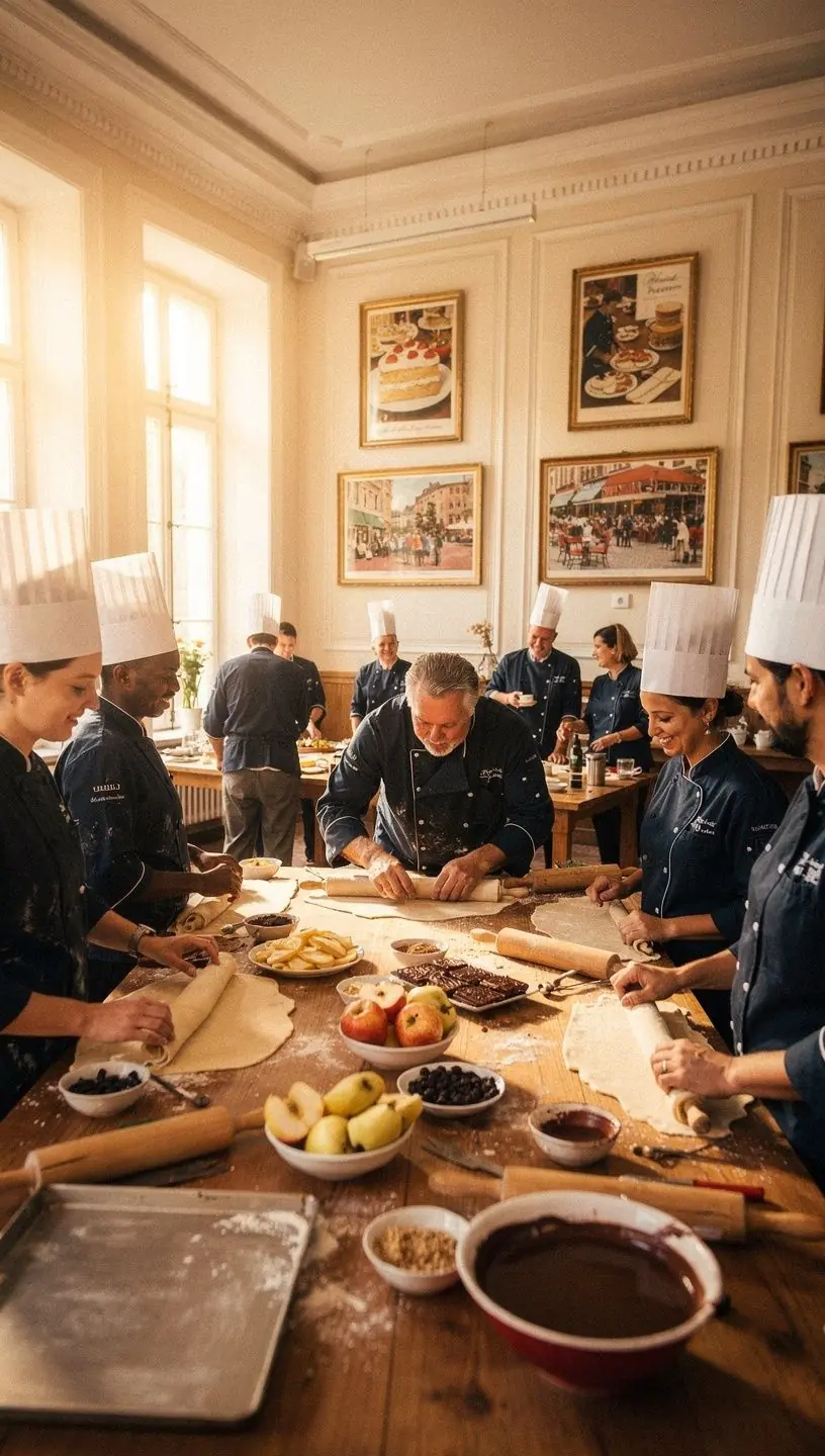 Ein stilvolles Restaurant-Setting mit elegant gedeckten Tischen, das die Ergebnisse einer Kochveranstaltung präsentiert und eine einladende Atmosphäre schafft.