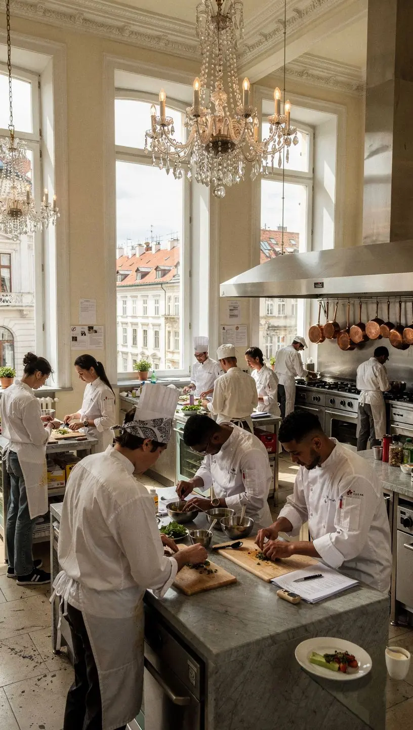 Schüler arbeiten gemeinsam an einem Rezept und tauschen Ideen in der Küche aus.
