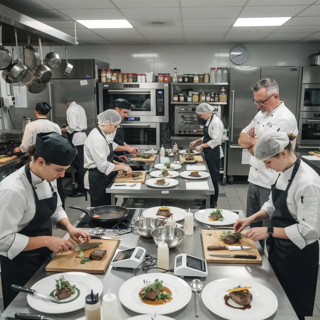 Schüler arbeiten gemeinsam an einem Rezept und tauschen Ideen in der Küche aus.