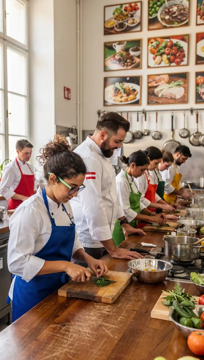 Schüler arbeiten gemeinsam an einem Rezept und tauschen Ideen in der Küche aus.