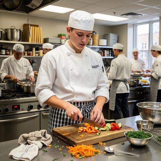 Ein Gruppenfoto von Teilnehmern eines Kochkurses mit ihren frisch zubereiteten Gerichten.
